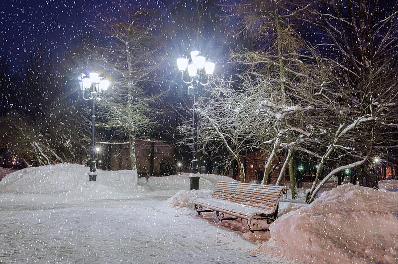Winter Evening, stars, lamps, bench, post, park, trees, sky, lights, winter, snow, shoe track, evening, night, HD wallpaper