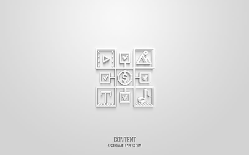 Content 3d icon, white background, 3d symbols, Content, Internet icons, 3d icons, Content sign, Internet 3d icons, HD wallpaper