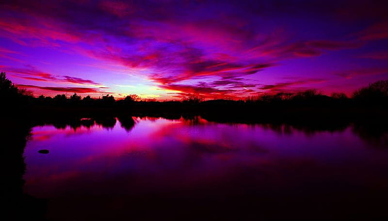 ❀⚘Sunset⚘❀, colorful, life, orange, bonito, trees, clouds, lake, soothing, purple, heaven, beauty, nature, reflection, pink, HD wallpaper