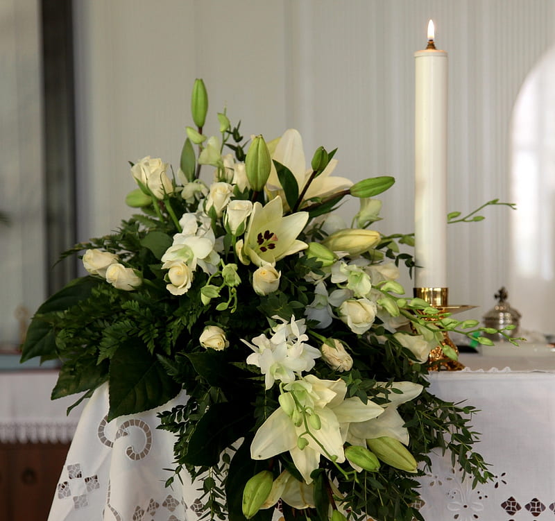 Altar arrangement, candle, still life, altar, arrangement, white, church, HD wallpaper
