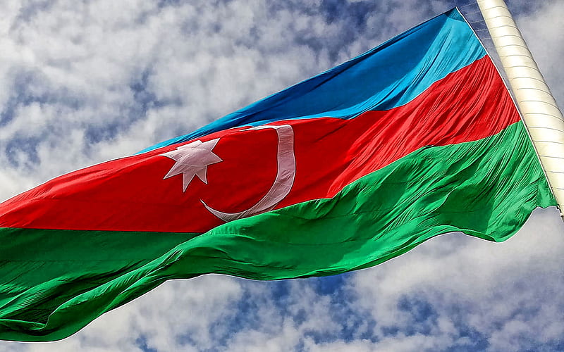 Flag of Azerbaijan, silk flag, flagpole, Azerbaijan flag on sky background, Azerbaijan flag, Azerbaijan, HD wallpaper