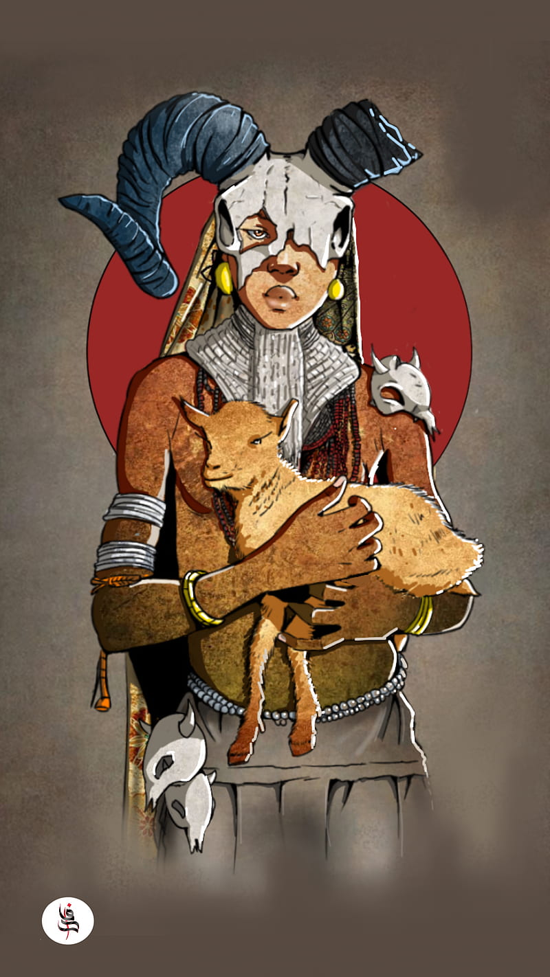 illustration, digital, artwork, horns, skull, animals, kudi888, HD phone wallpaper