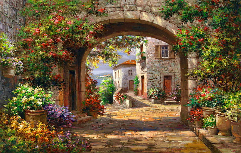 Street in Tuscany, art, view, houses, bonito, que, Tuscan, arch, painting, summer, flowers, peaceful, village, p retty, street, italy, HD wallpaper