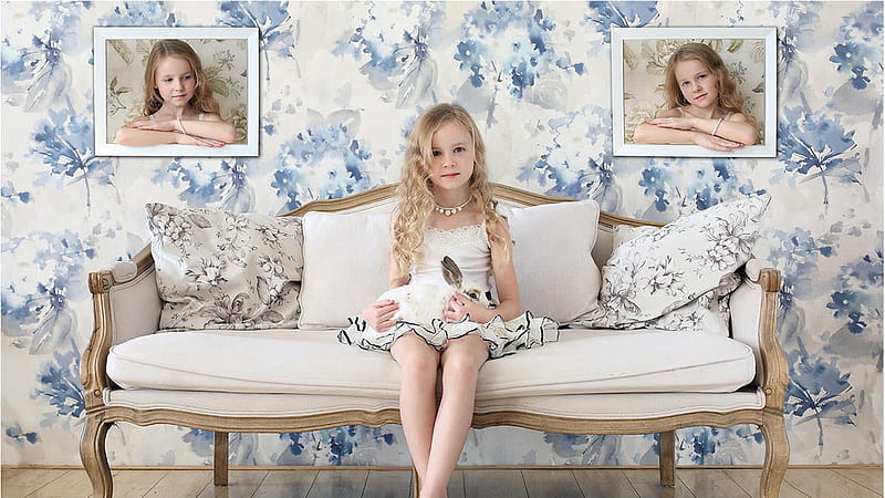 Cute Little Girl Is Having Rabbit On Lap Sitting On White Couch Wearing White Dress Cute, HD wallpaper