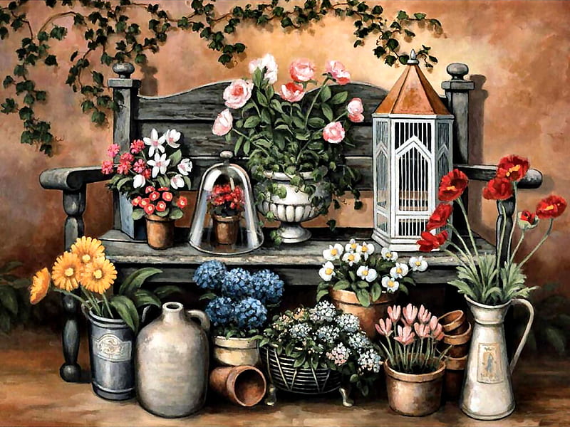 The Flower Bench F, art, romance, bench, bonito, roses, illustration ...