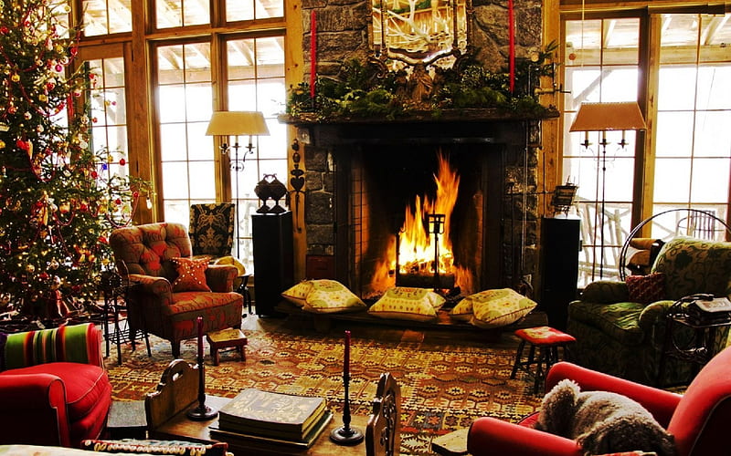 Cozy Home, fireplace, fire, tree, christmas, decoration, chimney, armchairs, HD wallpaper