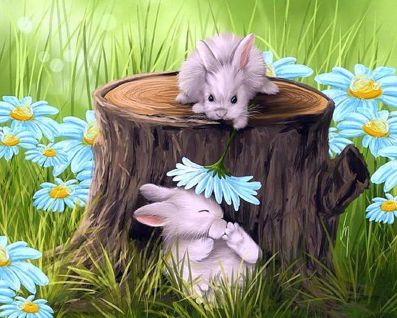 Hi..Springtime!, grass, colors, love four seasons, easter, spring, daisies, paintings, green, rabbits, flowers, nature, animals, HD wallpaper