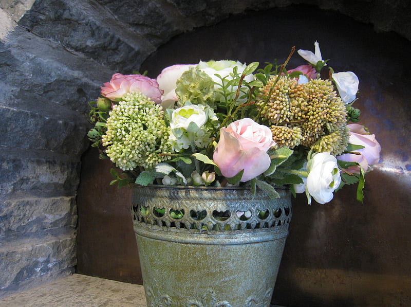 Artificial Bouquet, artificial, flowers, pot, stone, HD wallpaper