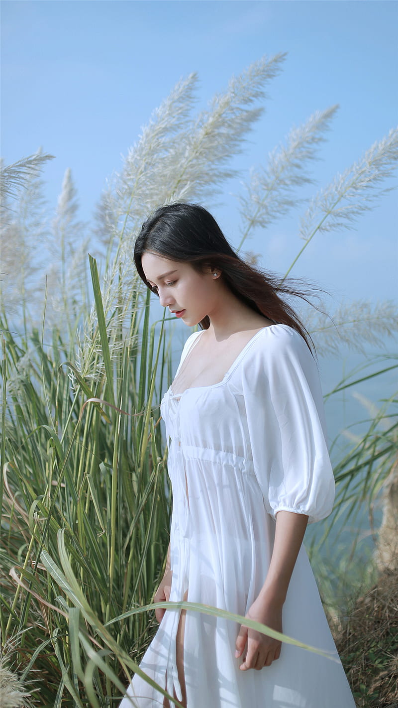 women, Asian, women outdoors, see-through clothing, white dress, grass, HD phone wallpaper