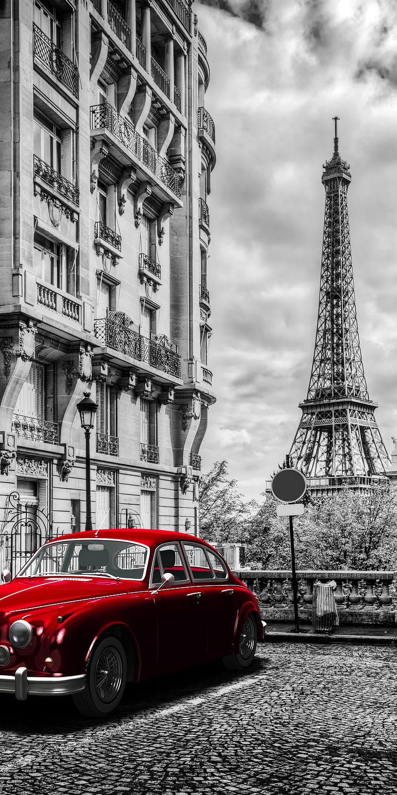 Paris, eiffel tower, france, red car, HD phone wallpaper