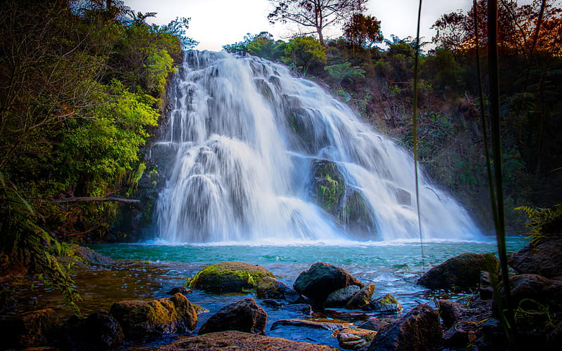 waterfall, lake, rocks, evening, beautiful waterfall, mountain waterfall, HD wallpaper