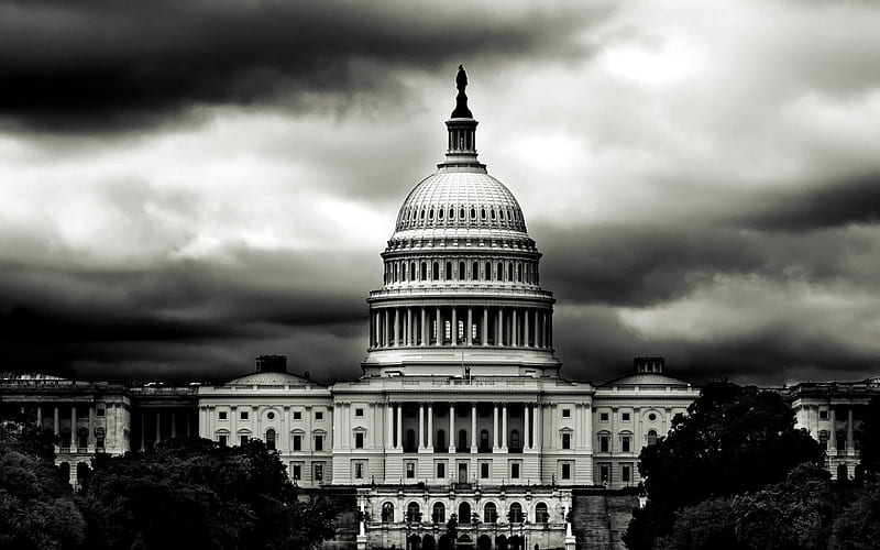 the capital in black and whte, building, capital, black and white, clouds, government, HD wallpaper
