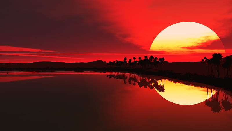 red sun, red skies, sun, lake, palms, HD wallpaper