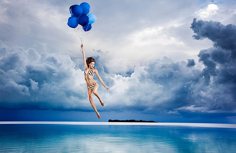 Soar High !, flying, balloons, clouds, lady, imagination, sea, blue, bikini, HD wallpaper