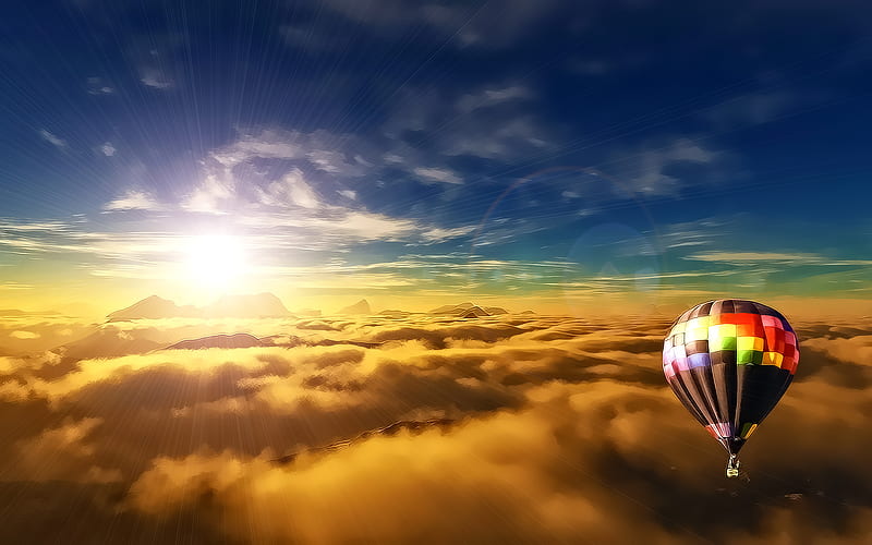 Floating Above the Clouds, stormy sky, desert, balloons, storm clouds, ballooning, hot air balloons, adventure, landscape, HD wallpaper