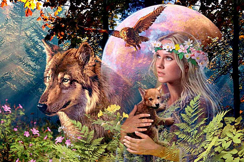 Mother Nature, owl, planets, fantasy, wolf pup, wolf, abstract, woman, animals, HD wallpaper