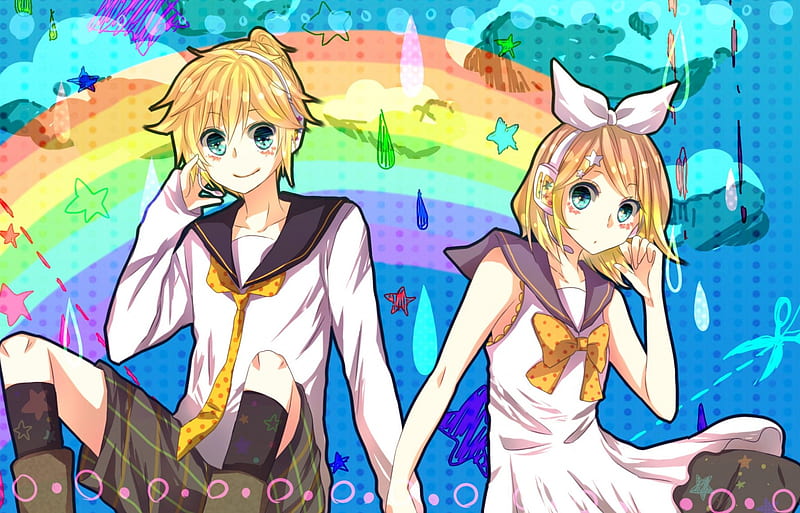 ~Over The Rainbow~, vocaloid, colorful, blonde, rainbow, sky, clouds, rin and len kagamine, siblings, anime, rain, HD wallpaper
