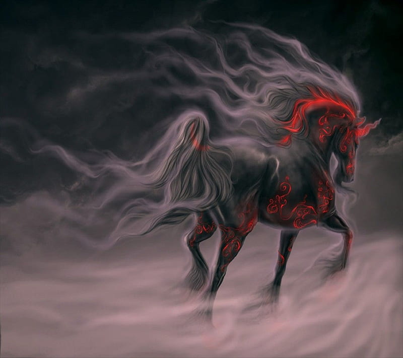 Fantasy Horse, animal, dark, fantasy, horse, red, smoke, HD wallpaper