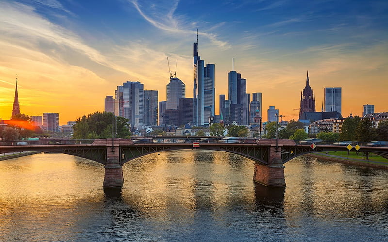 skyscrapers, bridge, Frankfurt, Germany, Main River, HD wallpaper