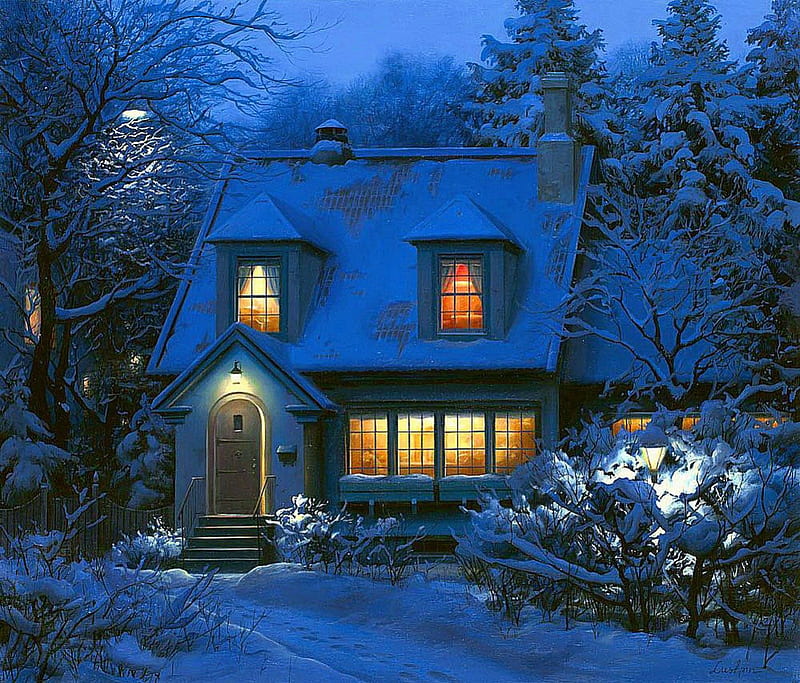Winter dusk, house, cottage, dusk, cabin, bonito, twilight, door, cold, nice, painting, evening, blue, night, lovely, holiday, christmas, new year, trees, winter, snow, snowflakes, HD wallpaper