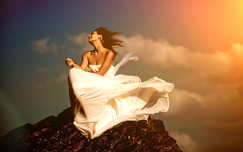 Run across the sky, mountain, near, pretty, girl, bonito, white dress, sky, top, HD wallpaper