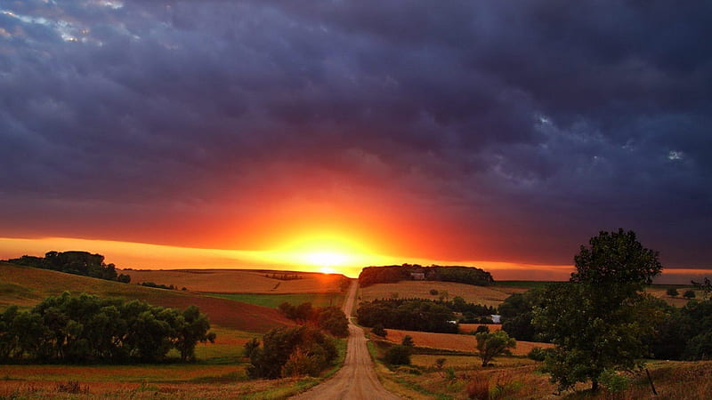 amazing sunrise at the end of a country road, hills, dark, fields, sunrise, road, clouds, HD wallpaper