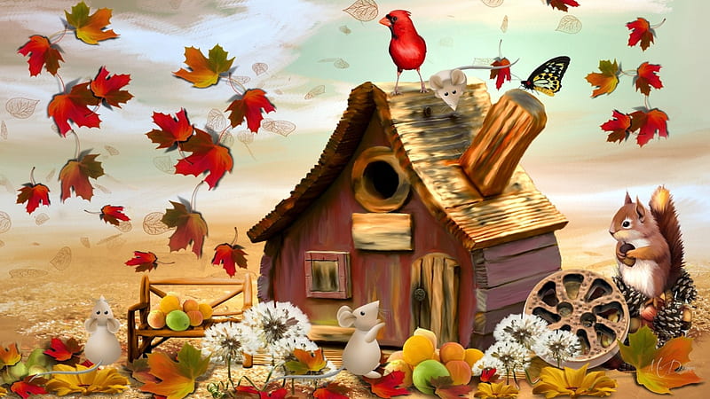 Autumn Fairytale, fall, autumn, hut, squirrel, cottage, dandelions, mice, cabin, fairytale, leaves, fantasy, HD wallpaper