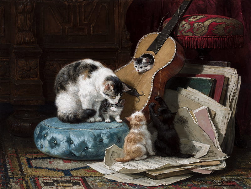The guitar lesson, art, henriette ronner knip, cat, cute, instrument, guitar, painting, funny, kitten, pisica, HD wallpaper