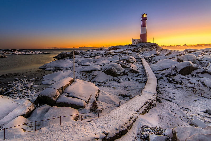 Lighthouse, sunset, sky, clouds, sea, winter, snow, nature, sunrise, sea view, HD wallpaper