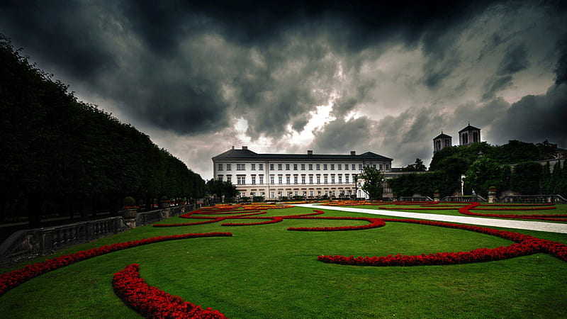 lovely place grounds under stormy clouds, flowers, lawn, palace, clouds, storm, grounds, HD wallpaper