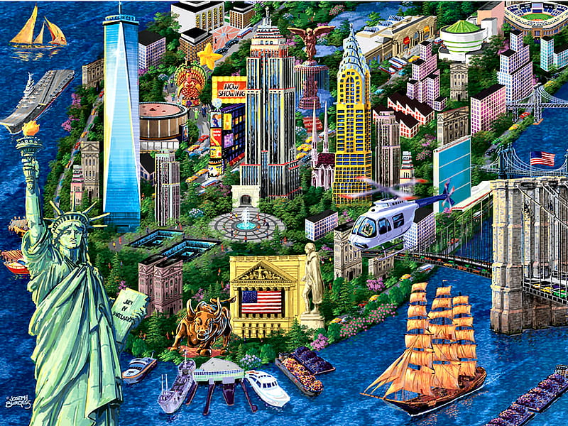 New York City Collage , architecture, art, cityscape, bonito, artwork, skyscrapers, painting, wide screen, scenery, Statue of Liberty, HD wallpaper
