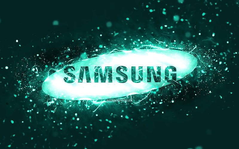 Samsung turquoise logo turquoise neon lights, creative, turquoise abstract background, Samsung logo, brands, Samsung, HD wallpaper