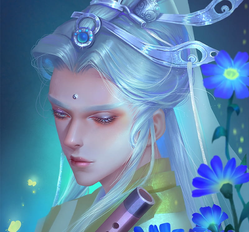 Prince, fantasy, luminos, flower, ferry qiyan, face, man, blue, asian, HD wallpaper