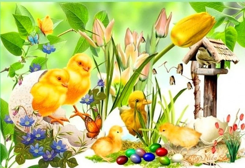 Chicks and colored eggs, little, holidays, yellow, colored, vegetation, flowers, tulips, paint, colors, birds, spring, creative, abstract, Easter, plants, eggs, chicks, HD wallpaper