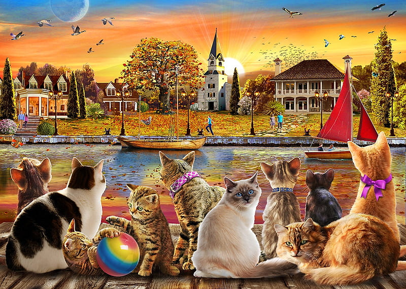 Cats, pisici, cat, adrian chesterman, art, water, fantasy, HD wallpaper