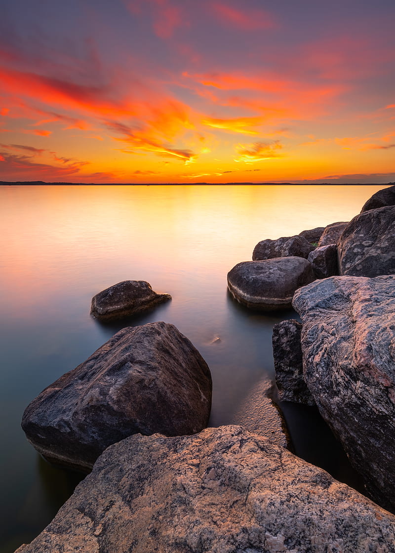 sunset, stones, rocks, horizon, sea, HD phone wallpaper