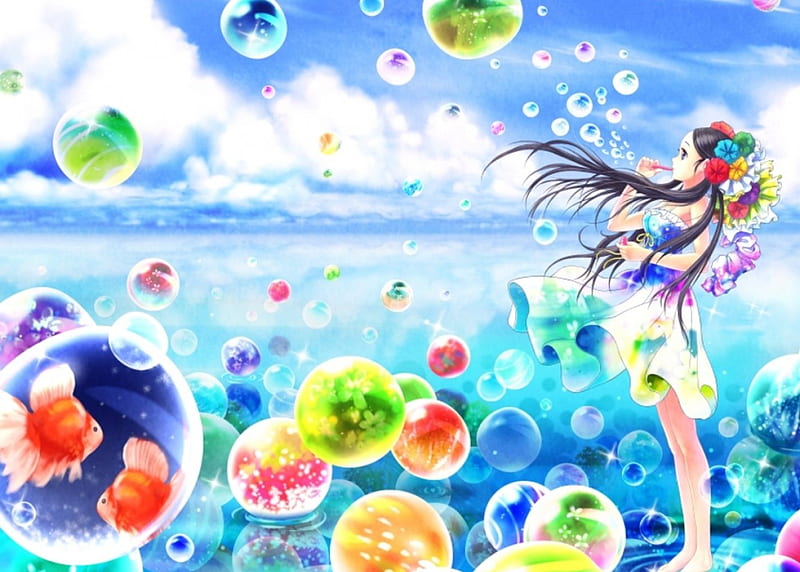 Bubbles, dress, fish, cg, bonito, sea, animal, sweet, fantasy, anime, hot, beauty, anime girl, realistic, long hair, black hair, gold fish, bubble, female, ocean, sexy, abstract, twin tails, cute, water, 3d, girl, flower, petals, HD wallpaper