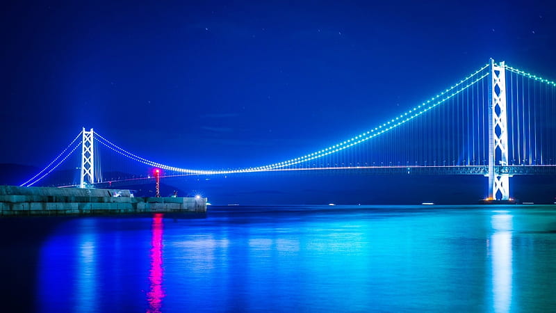 the akashi kaikyo suspension bridge lit at night, suspension, lantern, bridge, wharf, lights, night, HD wallpaper