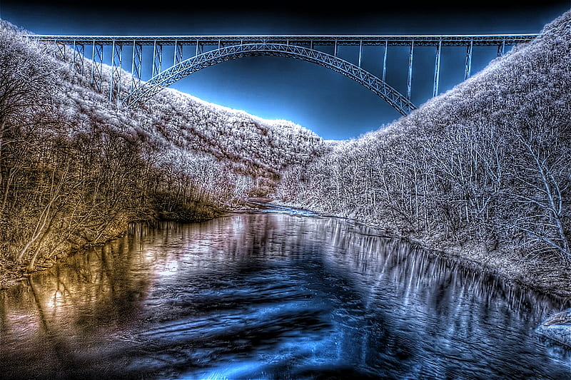 West Virginia in Winter, new river gorge, bridge, shimmer, ice, bonito, blue, cold, HD wallpaper