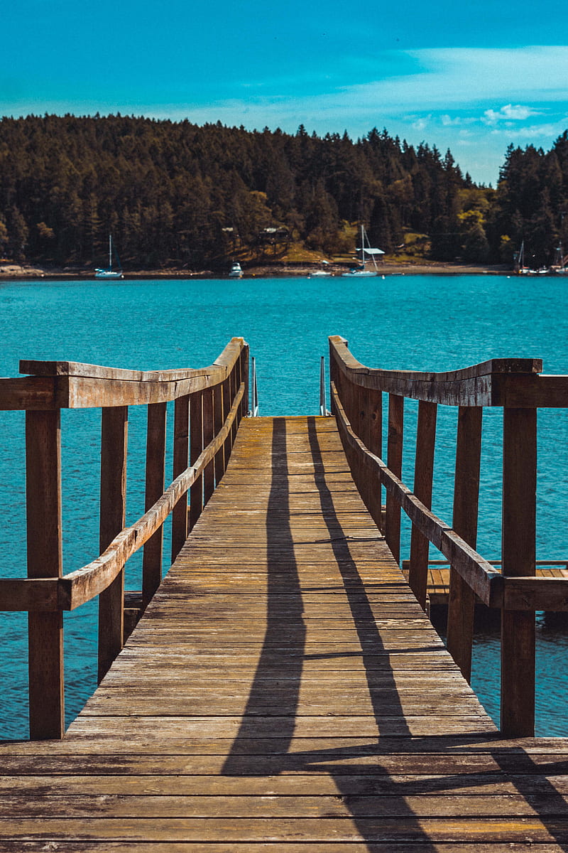 brown wooden dock on blue sea during daytime, HD phone wallpaper