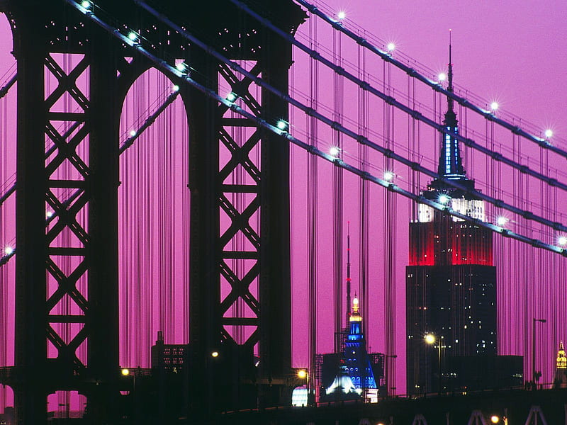 Manhattan Bridge at night, new york, manhattan bridge, purple, empire state building, HD wallpaper