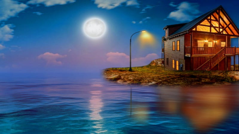 ~*~ Night Landscape ~*~, full moon, , ocean night, ocean house, Night Landscape, HD wallpaper