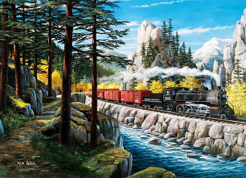 Rounding the Horn, locomotive, train, mountains, steam, railways, trees, artwork, HD wallpaper