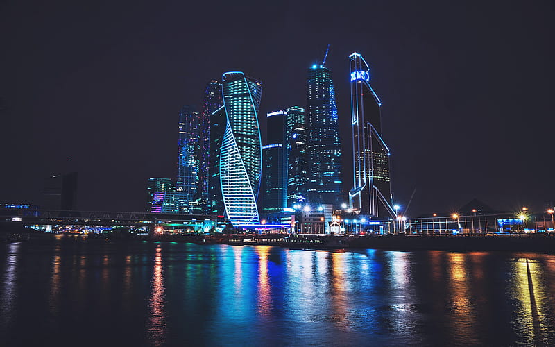 Moscow City in night, modern buildings, nightscapes, cityscapes, Russia, Moscow City, skyscrapers, Moscow, HD wallpaper