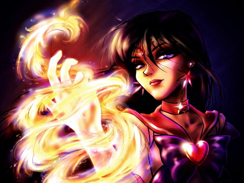 Sailor Mars, red, manga, black, fire, girl, anime, sailor moon, yatenkou, hino rei, light, HD wallpaper