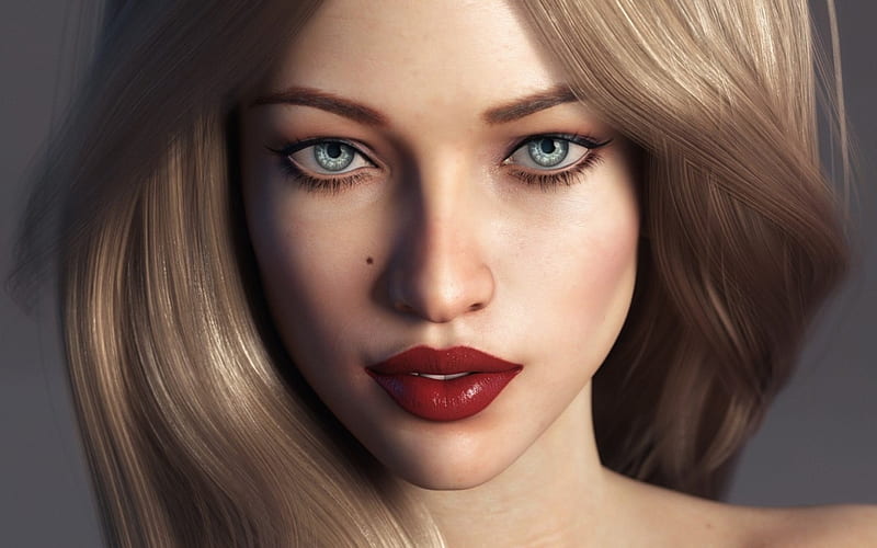 Beauty Red Blonde Cg Woman Lips Fantasy Girl Rendering Face Blue Eyes Hd Wallpaper 