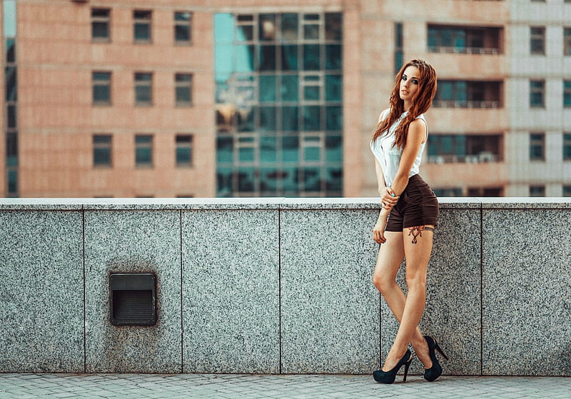 Roof Top, Long Hair, Model, Beauty, Heels, HD wallpaper