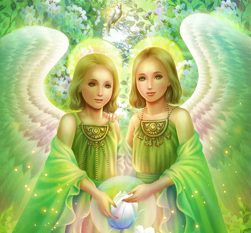 Angels of young trees, fantasy, wings, luminos, green, angel, mikioku, white, couple, HD wallpaper