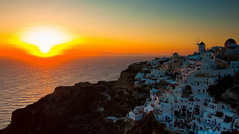 Santorini During Sunset Aegean Sea Coast Greece Travel, HD wallpaper