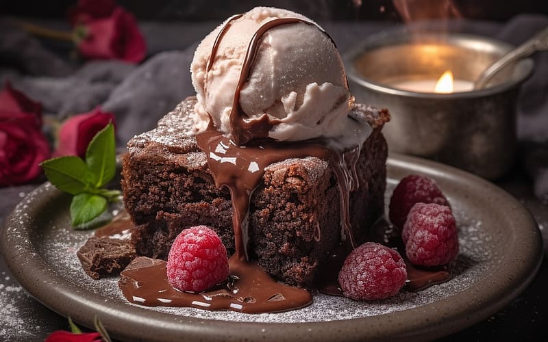 Brownie with Ice Cream, brownie, AI art, candle, acro, cake, ice cream, raspberries, macro, HD wallpaper